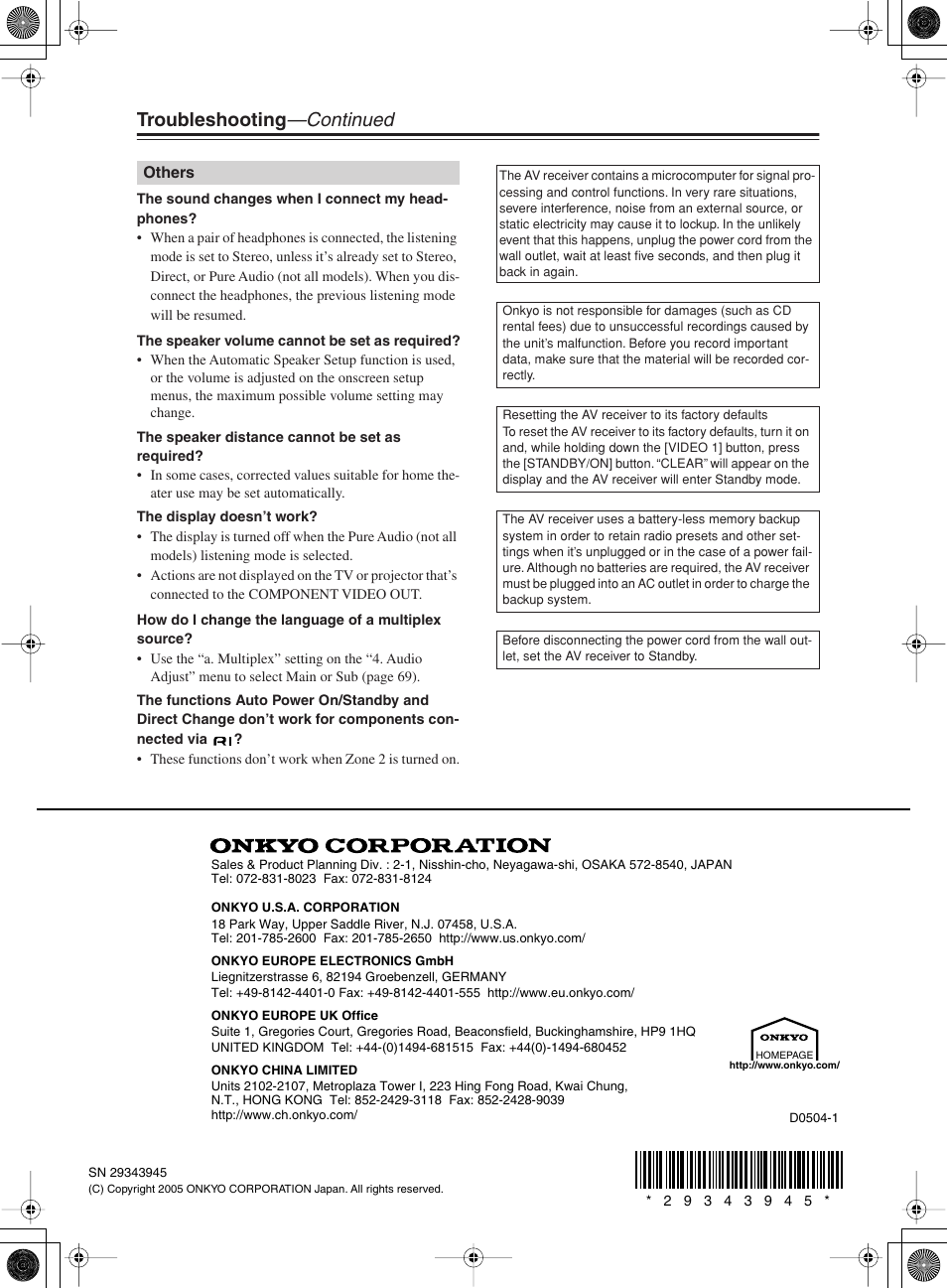 Troubleshooting —continued | Onkyo TX-SR8360 User Manual | Page 92 / 92