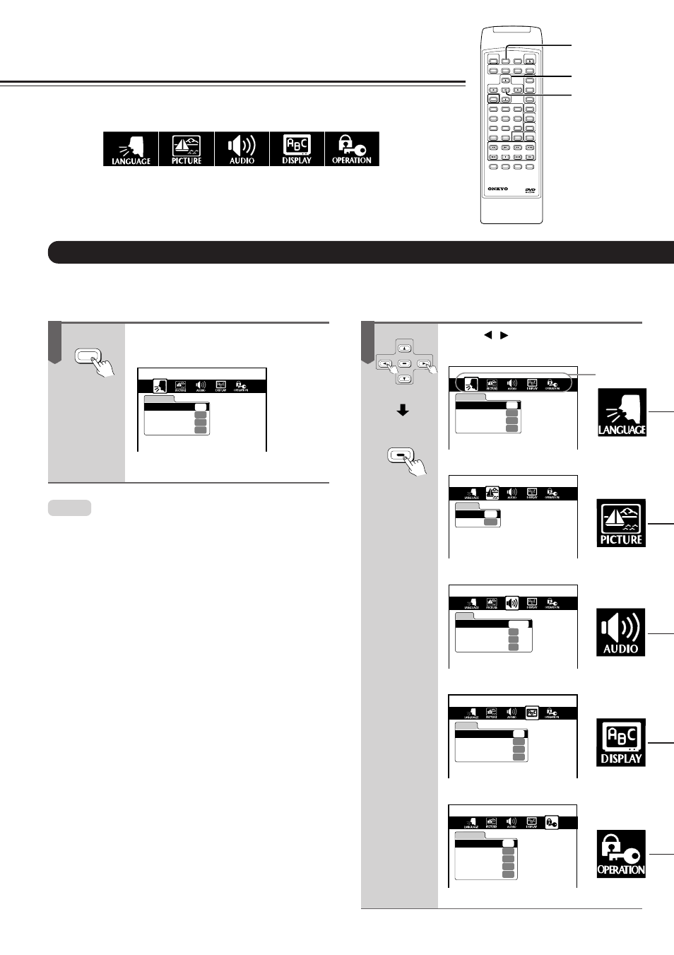 Customizing the function settings, Selecting a setting category, Press set up during stop | Press / to select the category, then press enter, The setting menu appears | Onkyo DV-S717 User Manual | Page 32 / 52