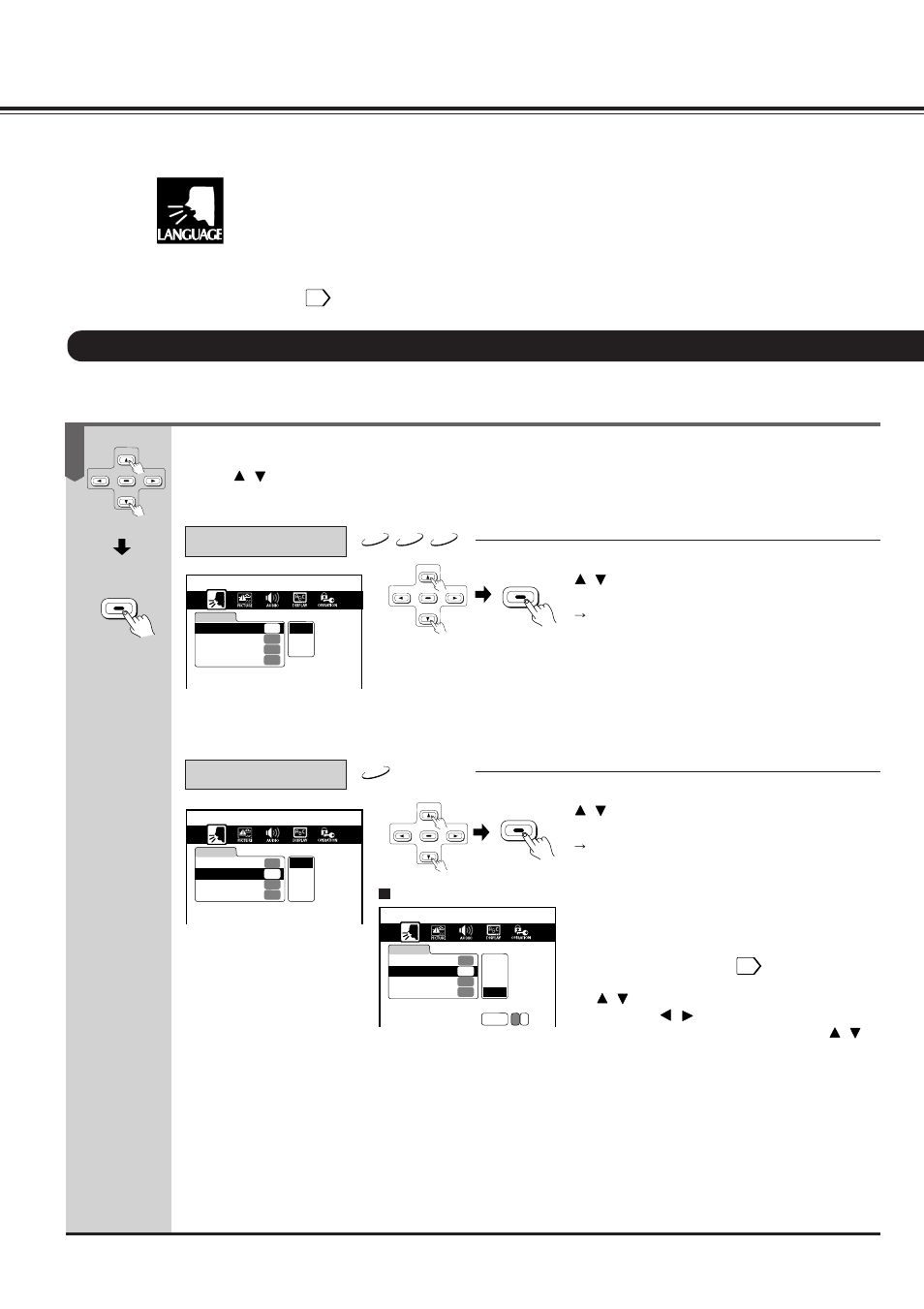 Customizing the function settings, Continued), Language setting | Select a preferred language by pressing, And then press enter, Press / to select the item, then press enter | Onkyo DV-S717 User Manual | Page 34 / 52