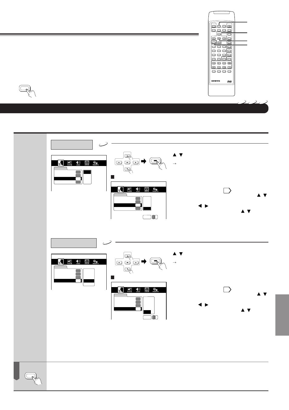 Function setup, Press setup, Select a preferred language by pressing | And then press enter, Audio language, Subtitle language, The setting menu disappears | Onkyo DV-S717 User Manual | Page 35 / 52
