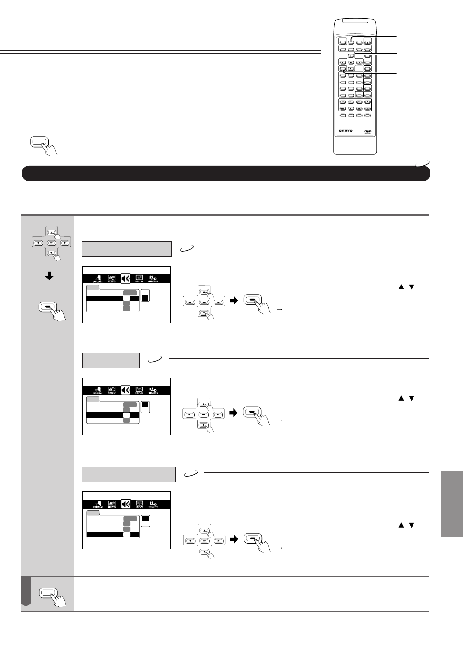 Customizing the function settings, Continued), Audio setting (continued) | Function setup, Press setup, Select "on" or "off" by pressing, And then press enter | Onkyo DV-S717 User Manual | Page 39 / 52