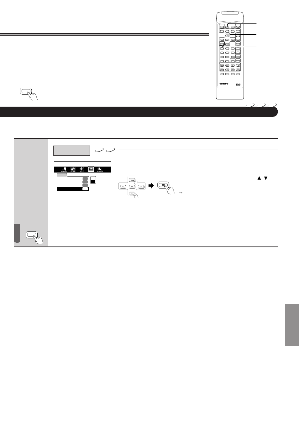 Function setup, Press setup, Select "on" or "off" by pressing | And then press enter, Screen saver, The setting menu disappears | Onkyo DV-S717 User Manual | Page 41 / 52