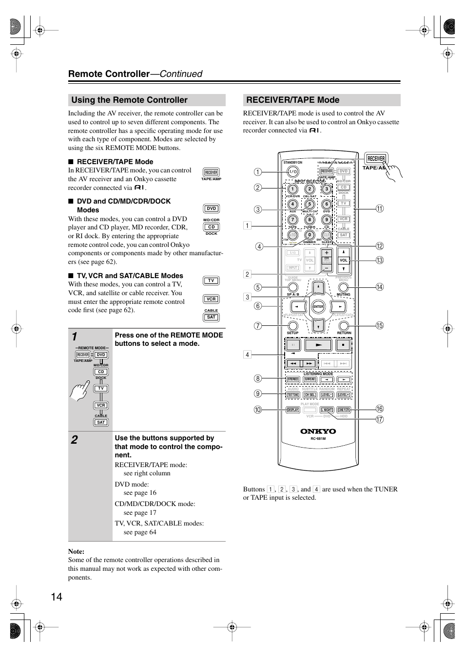 Using the remote controller, Receiver/tape mode, Remote controller —continued | Onkyo SKF-550F User Manual | Page 14 / 72