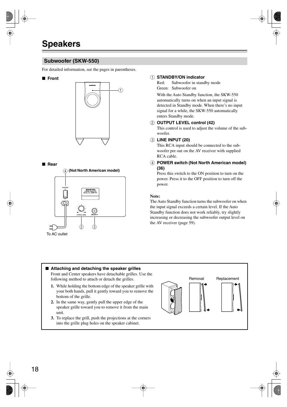 Speakers, Subwoofer (skw-550) | Onkyo SKF-550F User Manual | Page 18 / 72