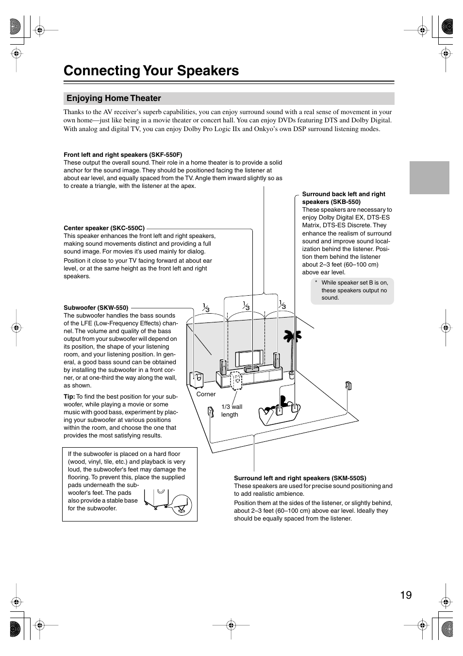 Connecting your speakers, Enjoying home theater, Connection | Onkyo SKF-550F User Manual | Page 19 / 72