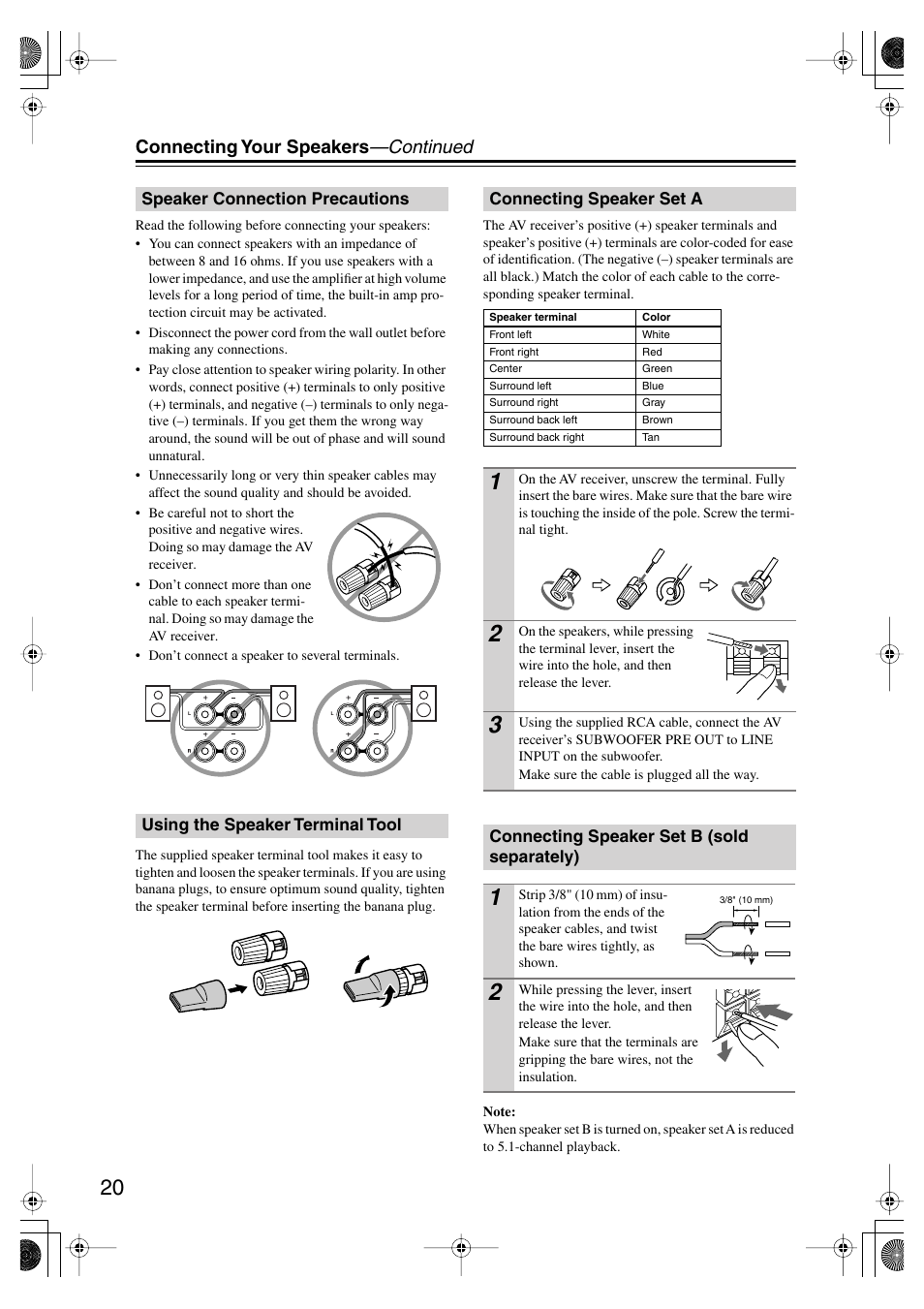 Speaker connection precautions, Using the speaker terminal tool, Connecting speaker set a | Connecting speaker set b (sold separately), Line input (20), Connecting your speakers —continued | Onkyo SKF-550F User Manual | Page 20 / 72