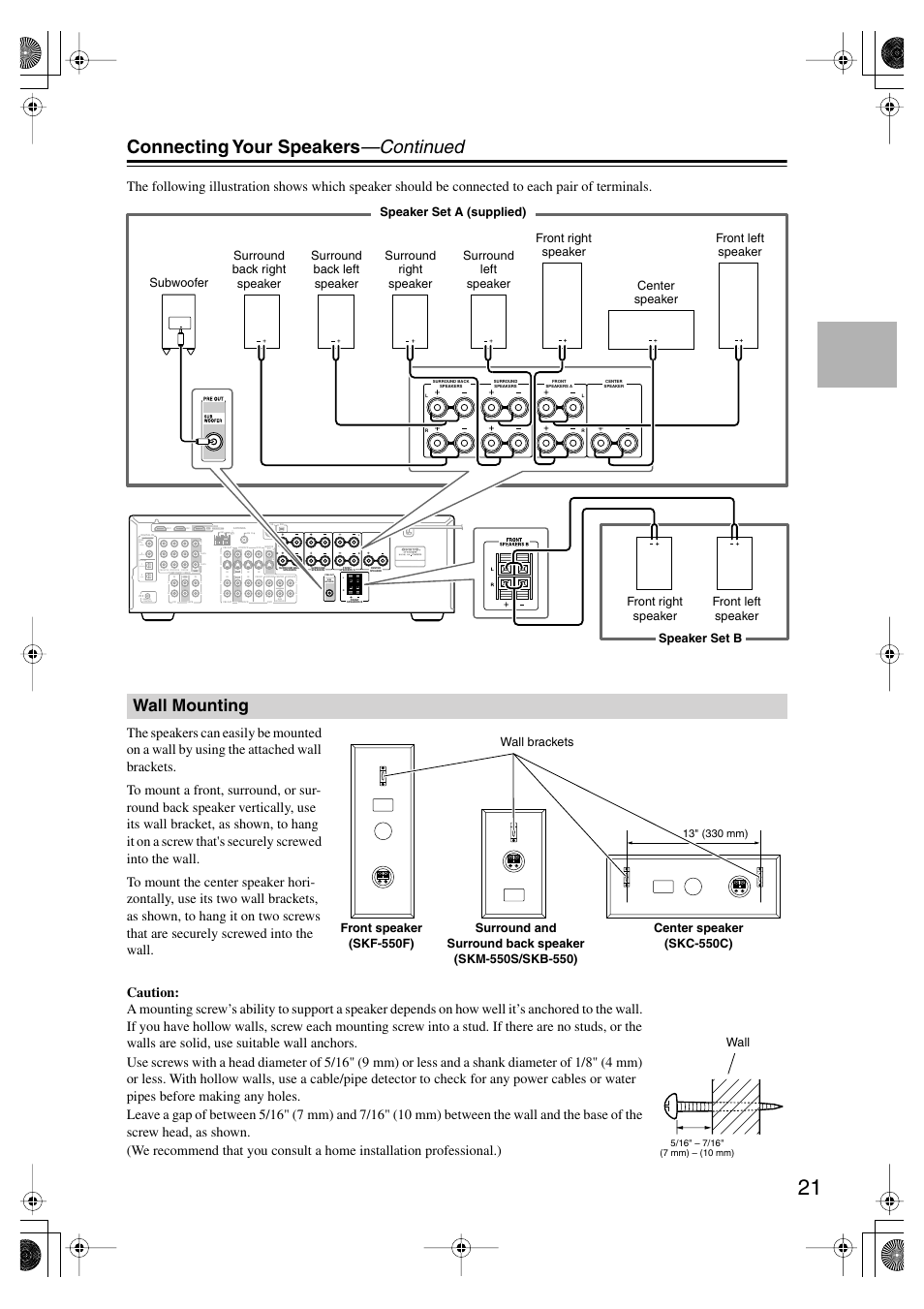 Wall mounting, Connecting your speakers —continued, Sub woofer | Remote control, Assignable, Dvd), Cbl/sat), Vcr/dvr), Line input | Onkyo SKF-550F User Manual | Page 21 / 72