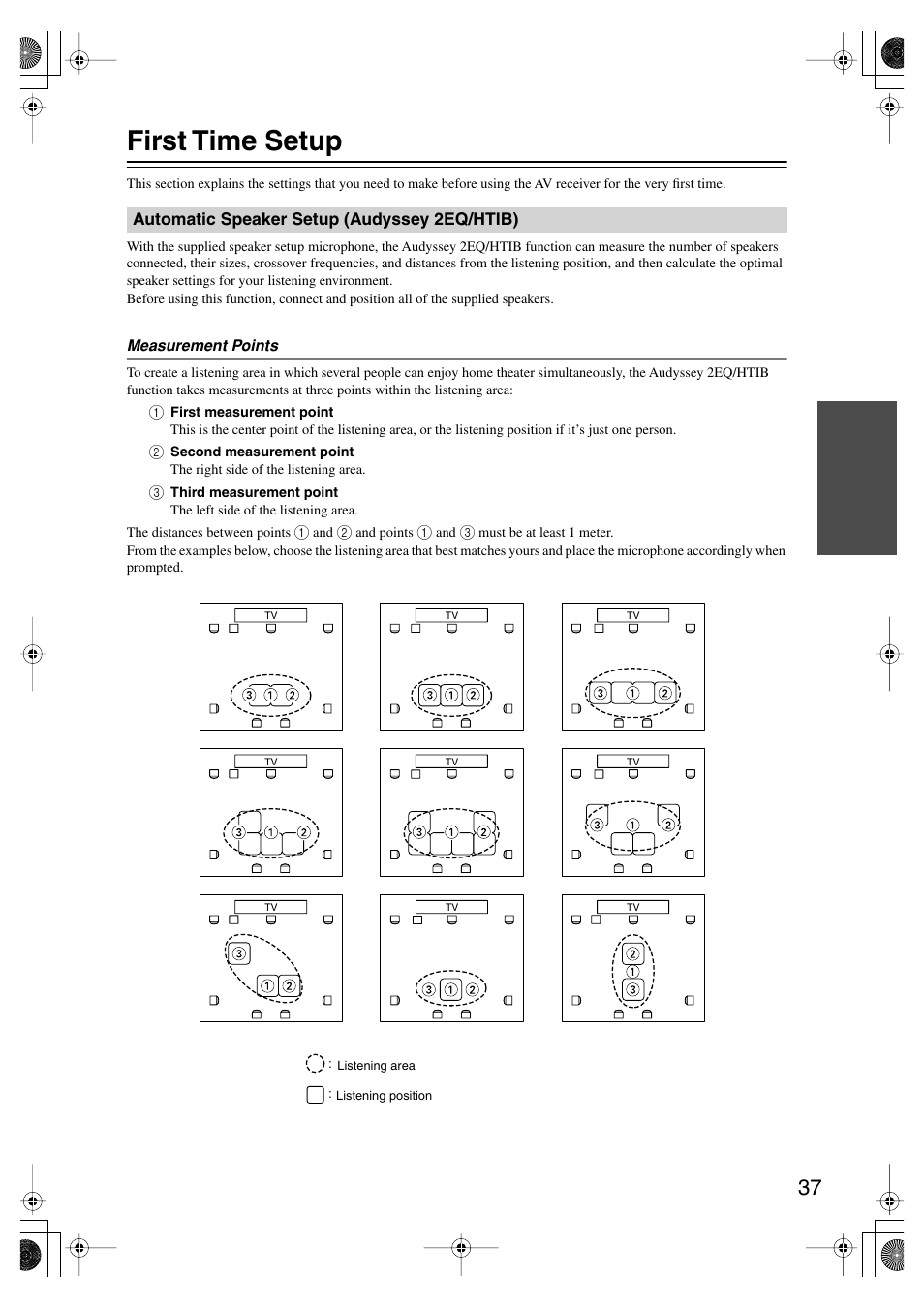 First time setup, Automatic speaker setup (audyssey2eq/htib), Automatic speaker setup | Audyssey 2eq/htib), Y indicator (37) | Onkyo SKF-550F User Manual | Page 37 / 72