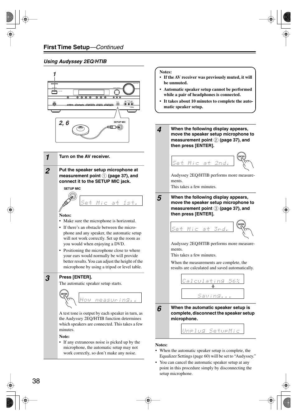 Setup mic (38), First time setup —continued | Onkyo SKF-550F User Manual | Page 38 / 72