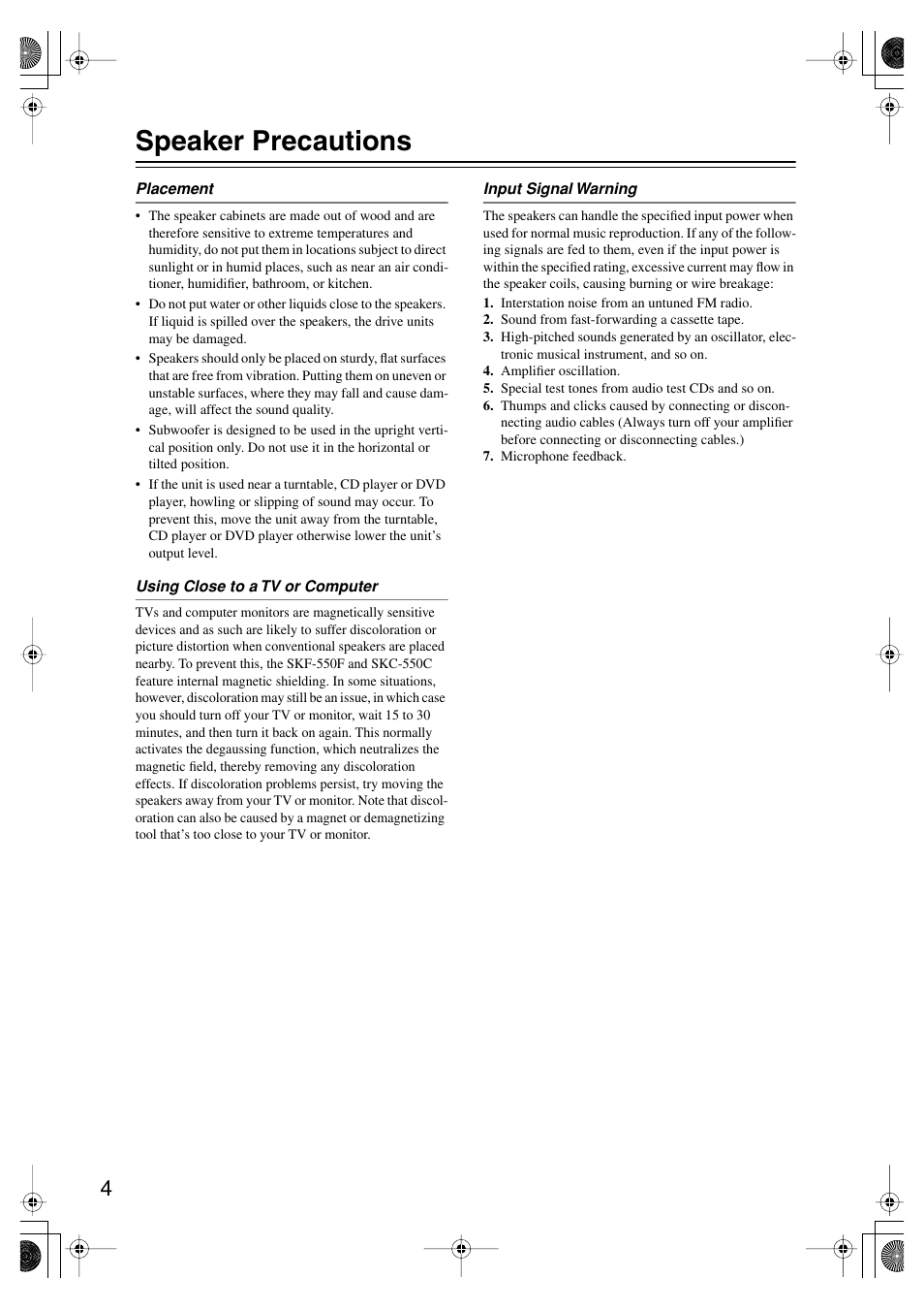 Speaker precautions | Onkyo SKF-550F User Manual | Page 4 / 72