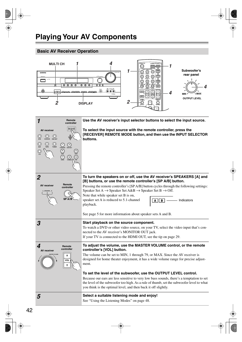 Playing your av components, Basic av receiver operation, Uttons (42) | Ol (42), Utton (42), Speaker set a&b, Speaker set b | Onkyo SKF-550F User Manual | Page 42 / 72