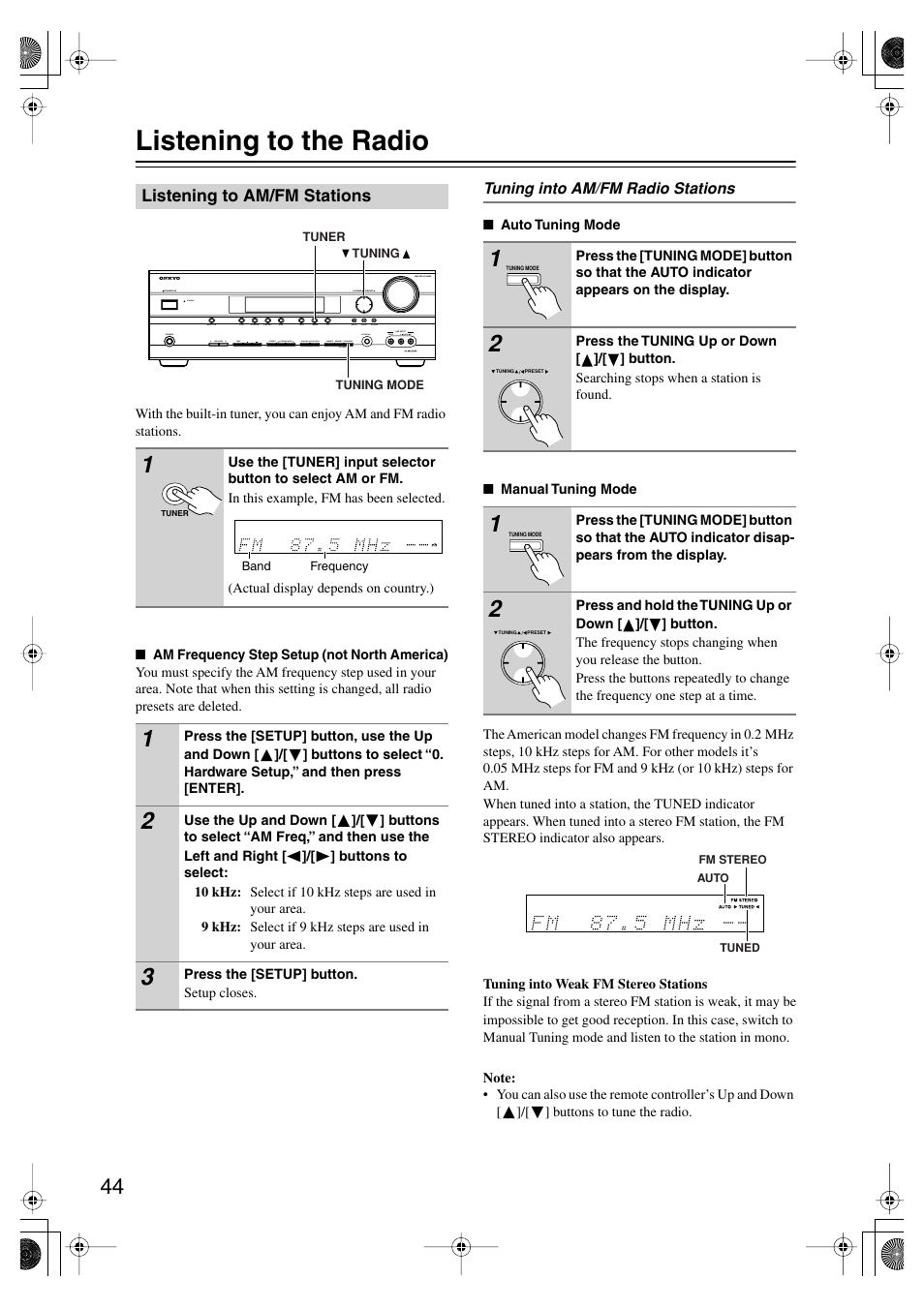 Listening to the radio, Listening to am/fm stations, Utton (44) | Fm stereo (44), Tuned (44) | Onkyo SKF-550F User Manual | Page 44 / 72