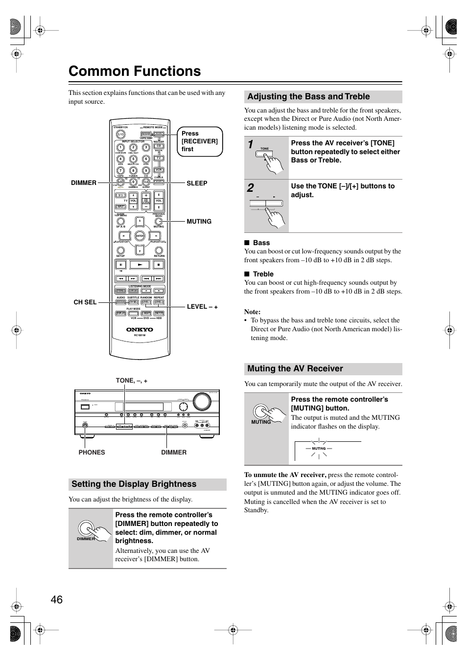 Common functions, Setting the display brightness, Adjusting the bass and treble | Muting the av receiver, Uttons (46), Utton (46), Muting indicator (46), Use the tone [–]/[+] buttons to adjust | Onkyo SKF-550F User Manual | Page 46 / 72