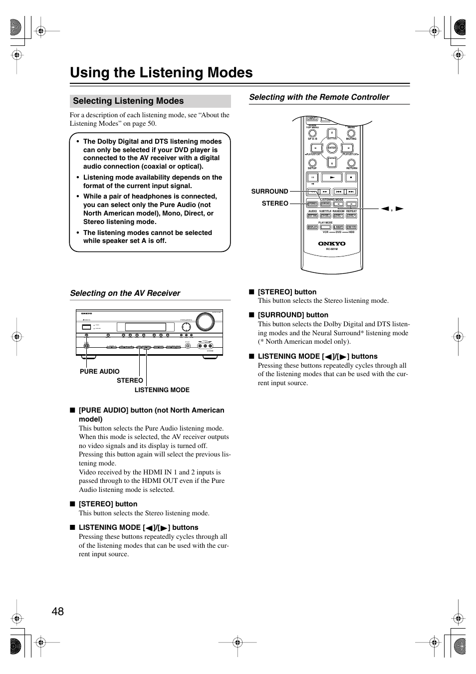 Using the listening modes, Selecting listening modes, Enjoying the listening modes | Utton (48), Uttons (48), Utton and indicator (48), Selecting on the av receiver, Selecting with the remote controller | Onkyo SKF-550F User Manual | Page 48 / 72