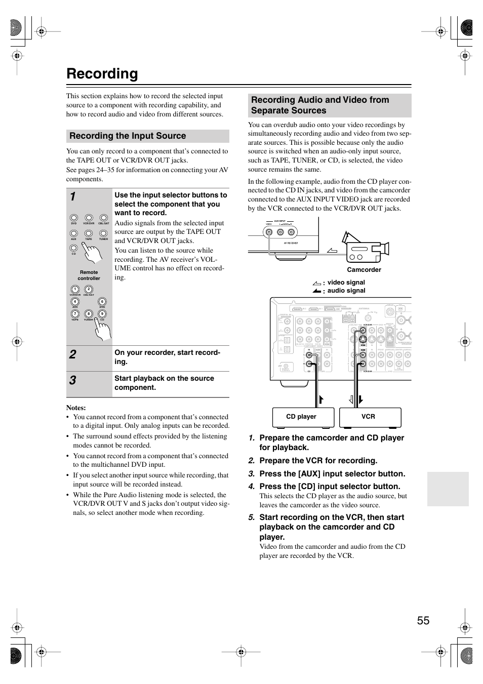 Recording, Recording the input source, Recording audio and video from separate sources | Advanced operation, On your recorder, start record- ing, Start playback on the source component, Camcorder vcr cd player video signal audio signal | Onkyo SKF-550F User Manual | Page 55 / 72