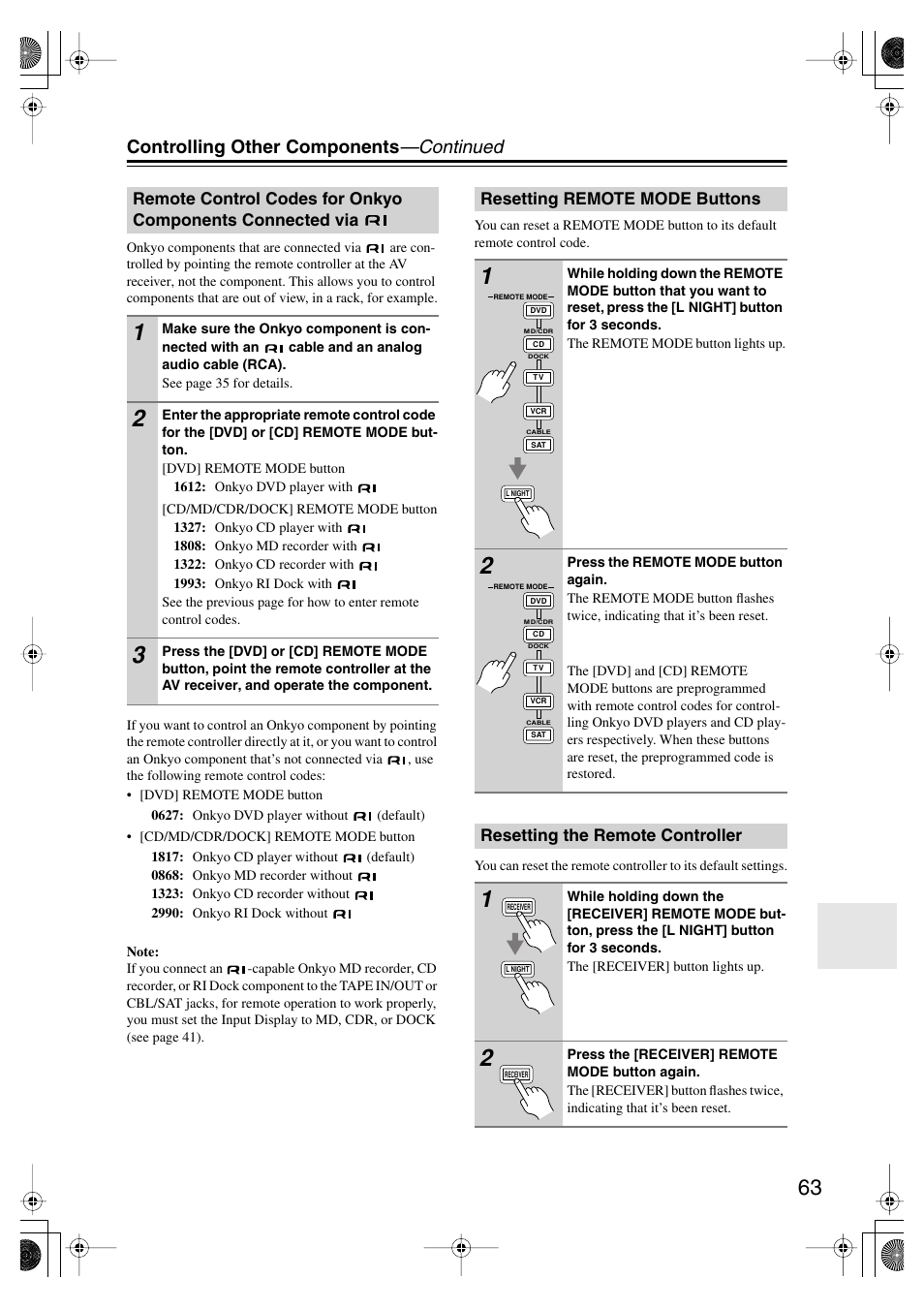 Resetting remote mode buttons, Resetting the remote controller, Remote control codes for onkyo | Components connected via, Controlling other components —continued | Onkyo SKF-550F User Manual | Page 63 / 72