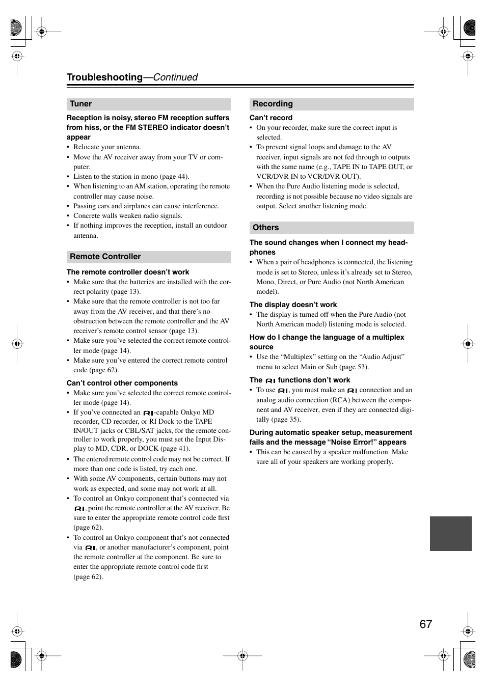 Troubleshooting —continued | Onkyo SKF-550F User Manual | Page 67 / 72