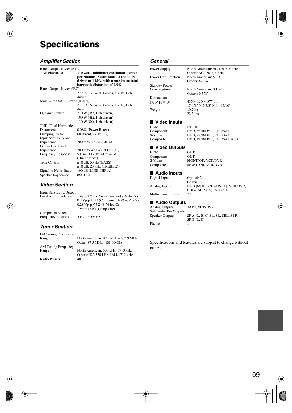 Specifications | Onkyo SKF-550F User Manual | Page 69 / 72