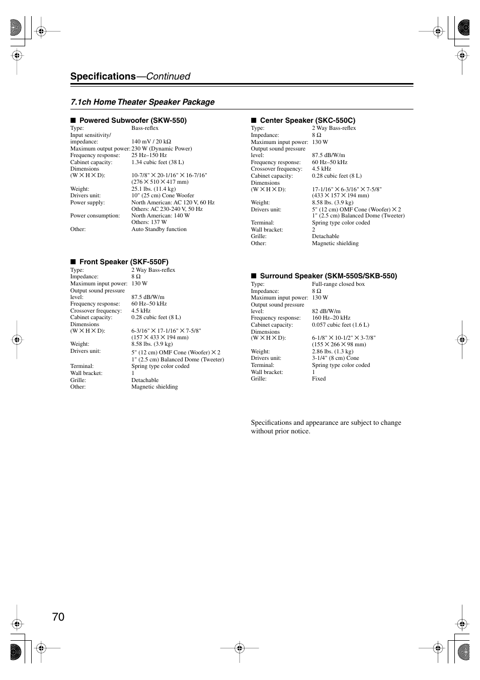 Specifications —continued | Onkyo SKF-550F User Manual | Page 70 / 72