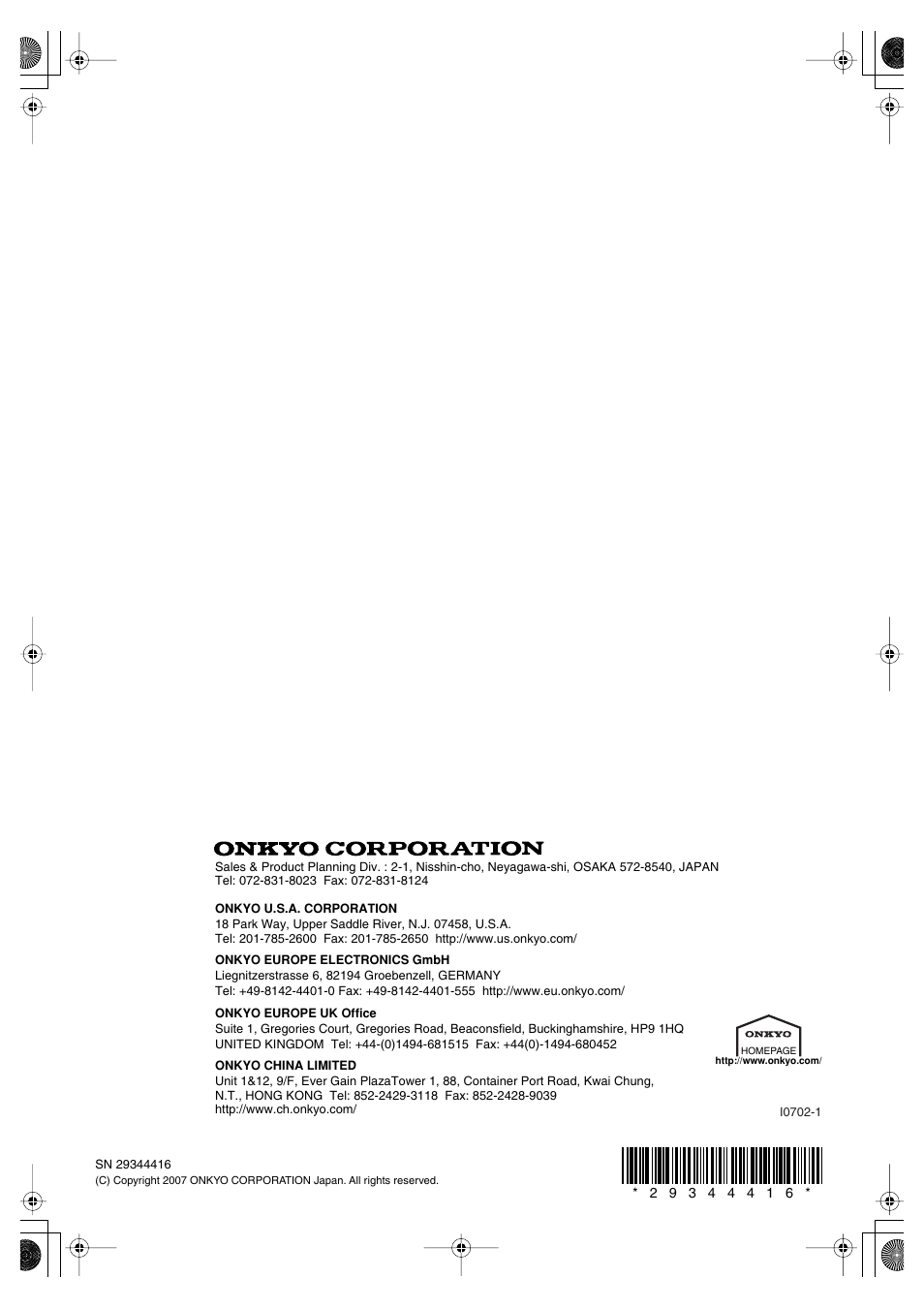 Onkyo SKF-550F User Manual | Page 72 / 72