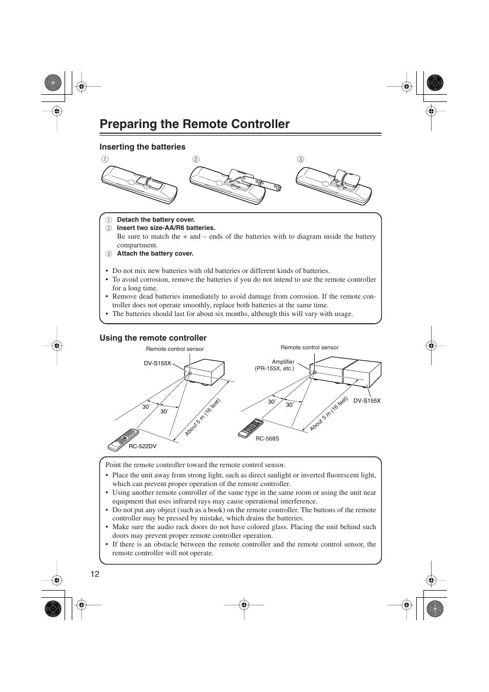 Preparing the remote controller | Onkyo PR-155X User Manual | Page 12 / 84