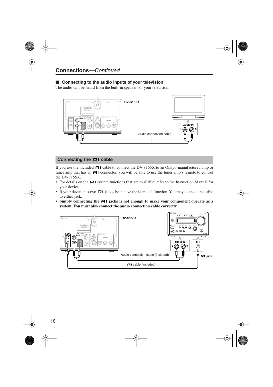 Connections —continued, Connecting the cable, Connecting to the audio inputs of your television | Standby, Grn ), Red ), Push to enter | Onkyo PR-155X User Manual | Page 18 / 84