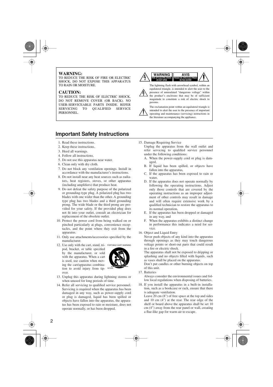 Important safety instructions | Onkyo PR-155X User Manual | Page 2 / 84