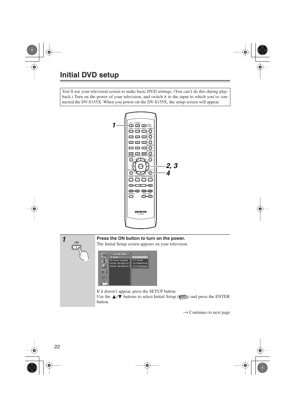 Initial dvd setup | Onkyo PR-155X User Manual | Page 22 / 84