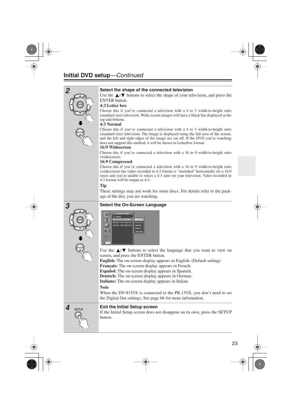 Initial dvd setup —continued | Onkyo PR-155X User Manual | Page 23 / 84