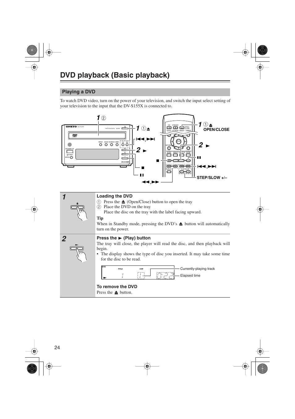 Dvd playback (basic playback), Playing a dvd | Onkyo PR-155X User Manual | Page 24 / 84