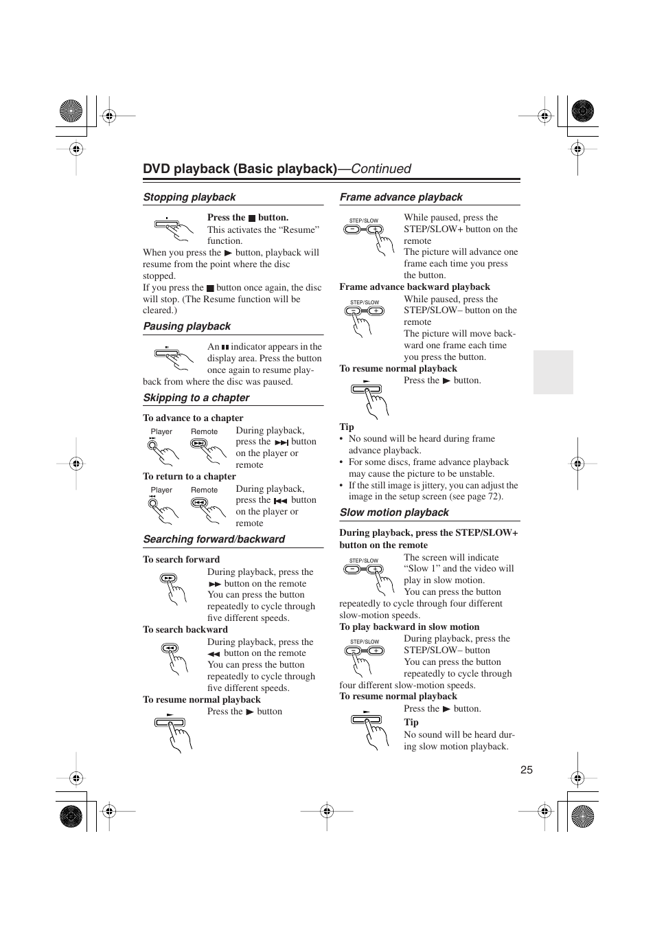 Dvd playback (basic playback) —continued | Onkyo PR-155X User Manual | Page 25 / 84