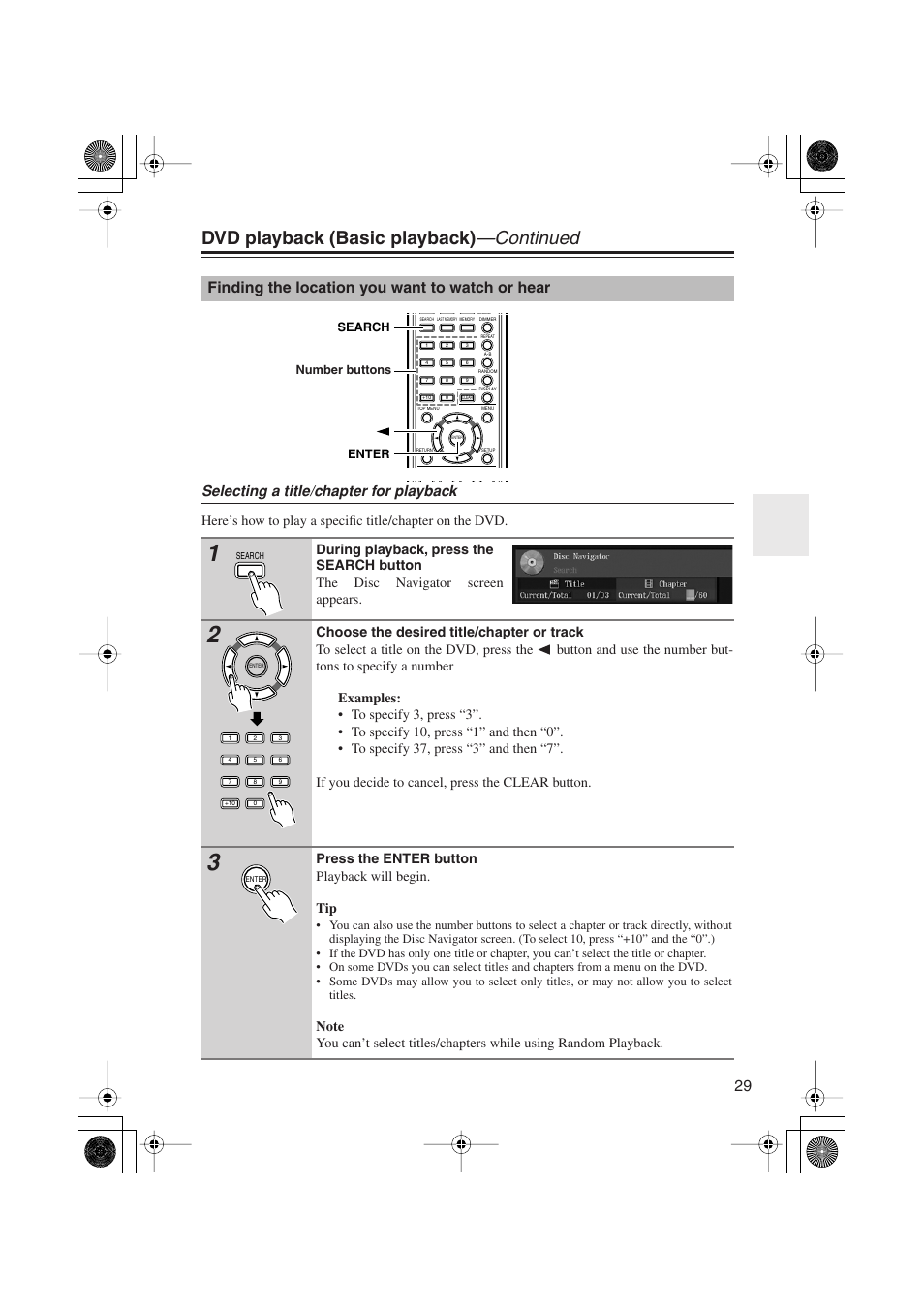 Dvd playback (basic playback) —continued, Finding the location you want to watch or hear, Selecting a title/chapter for playback | Onkyo PR-155X User Manual | Page 29 / 84