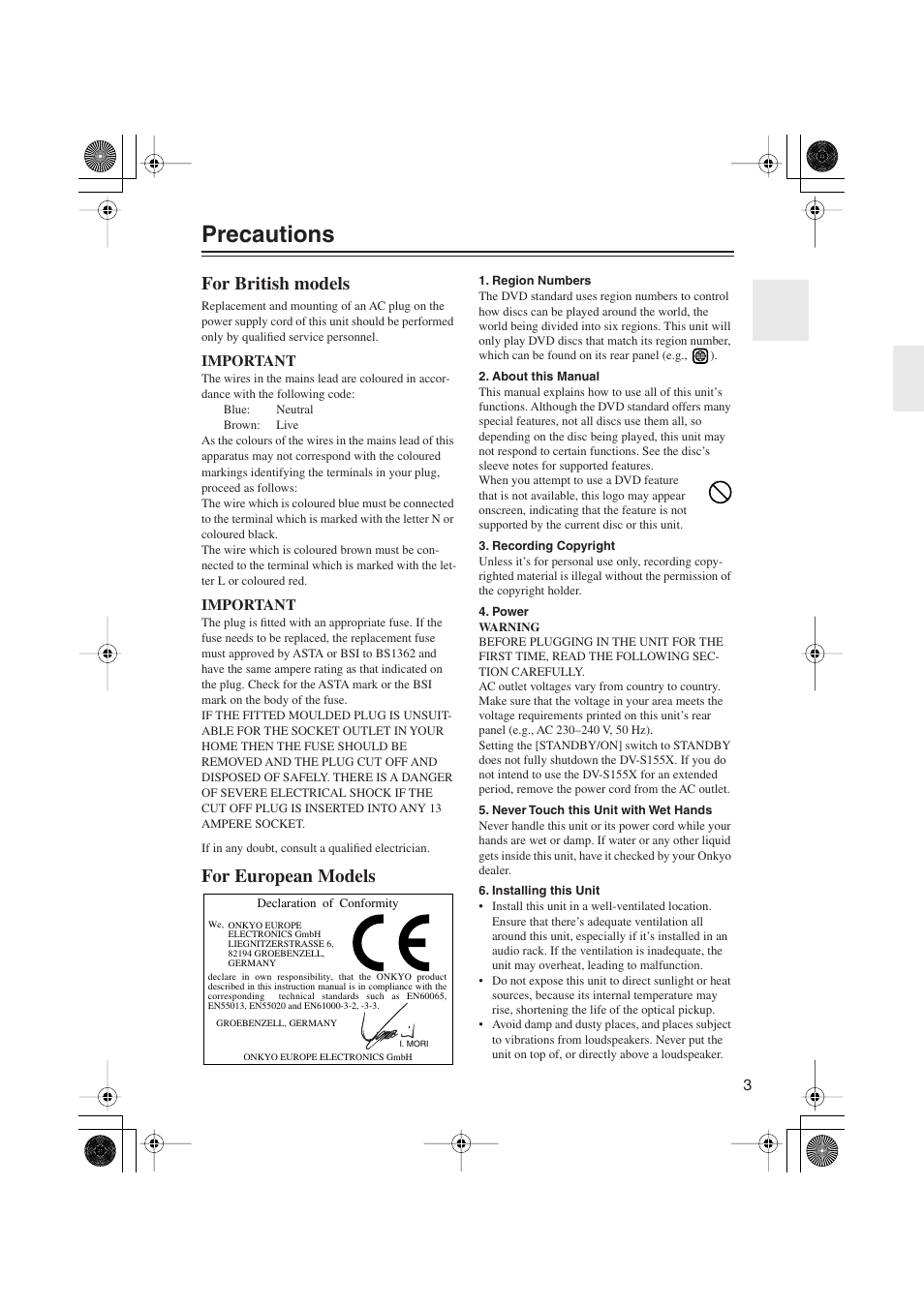 Precautions, For british models, For european models | Onkyo PR-155X User Manual | Page 3 / 84