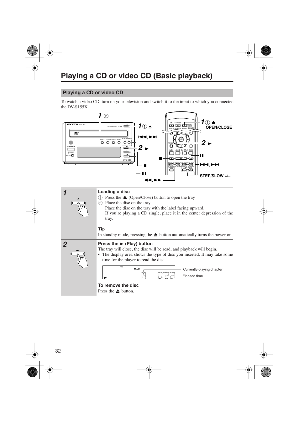 Playing a cd or video cd (basic playback), Playing a cd or video cd | Onkyo PR-155X User Manual | Page 32 / 84