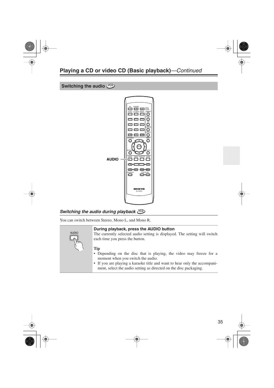 Switching the audio, Switching the audio during playback, You can switch between stereo, mono l, and mono r | Onkyo PR-155X User Manual | Page 35 / 84