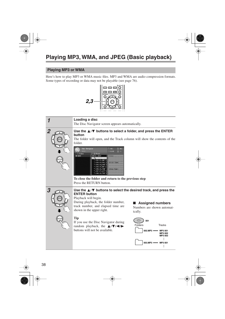 Playing mp3, wma, and jpeg (basic playback), Playing mp3 or wma | Onkyo PR-155X User Manual | Page 38 / 84