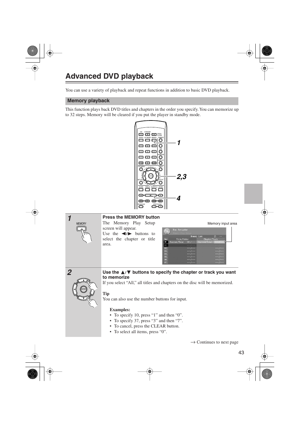 Advanced dvd playback | Onkyo PR-155X User Manual | Page 43 / 84