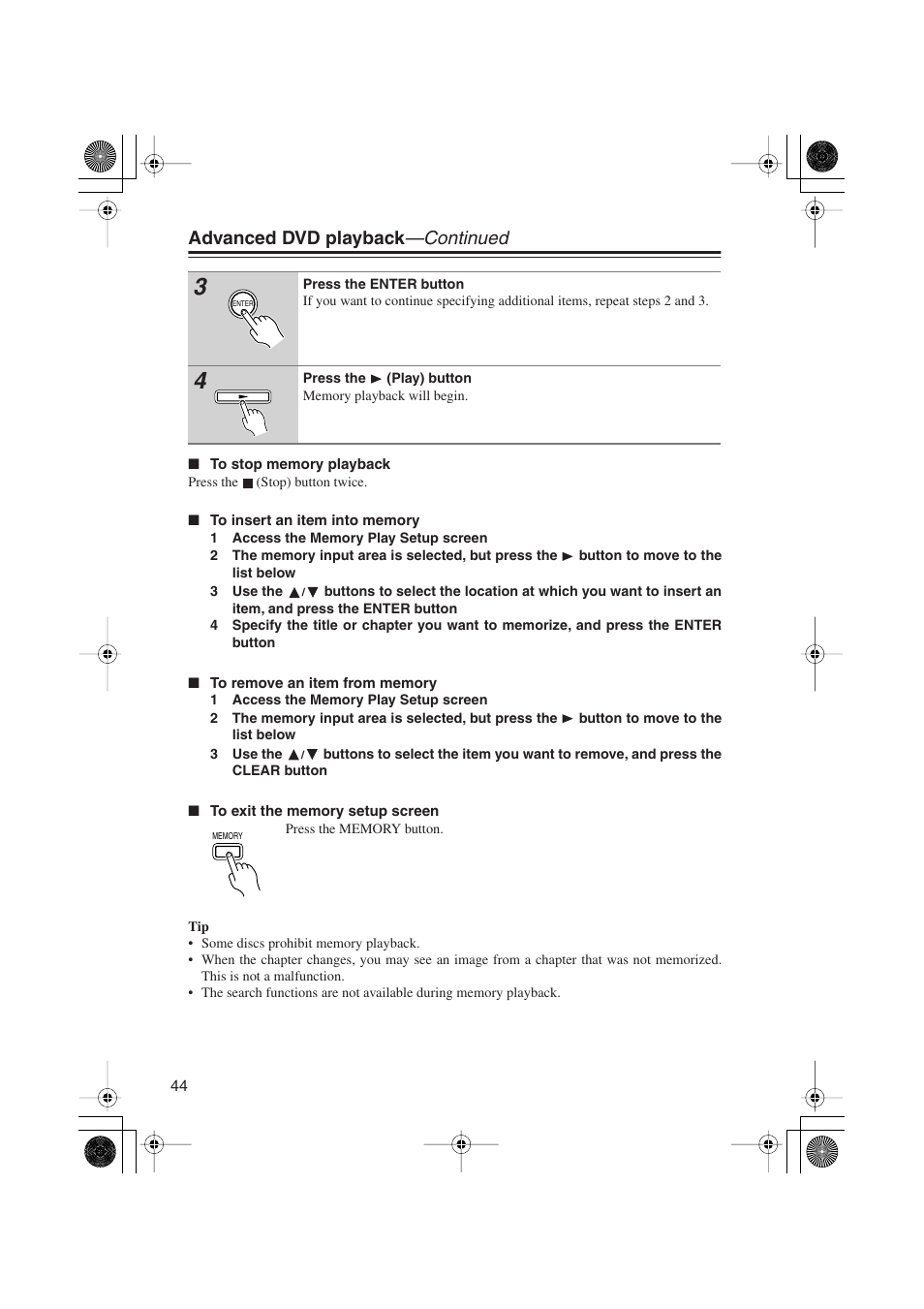 Advanced dvd playback —continued | Onkyo PR-155X User Manual | Page 44 / 84