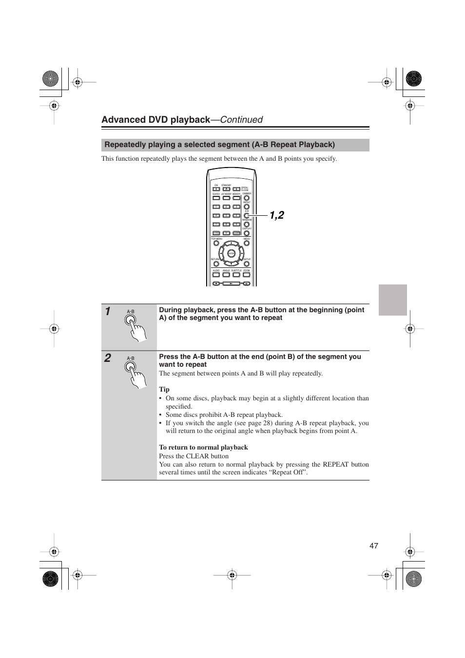 Advanced dvd playback —continued | Onkyo PR-155X User Manual | Page 47 / 84