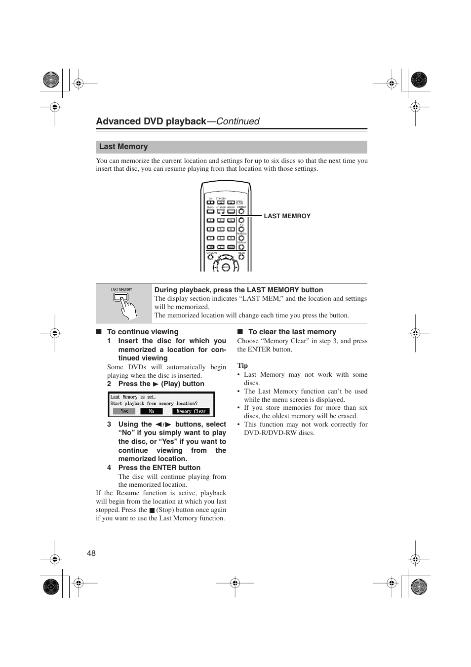 Advanced dvd playback —continued | Onkyo PR-155X User Manual | Page 48 / 84