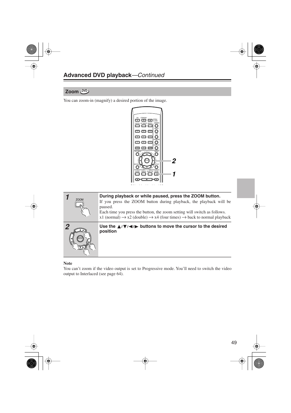 Advanced dvd playback —continued, Zoom | Onkyo PR-155X User Manual | Page 49 / 84