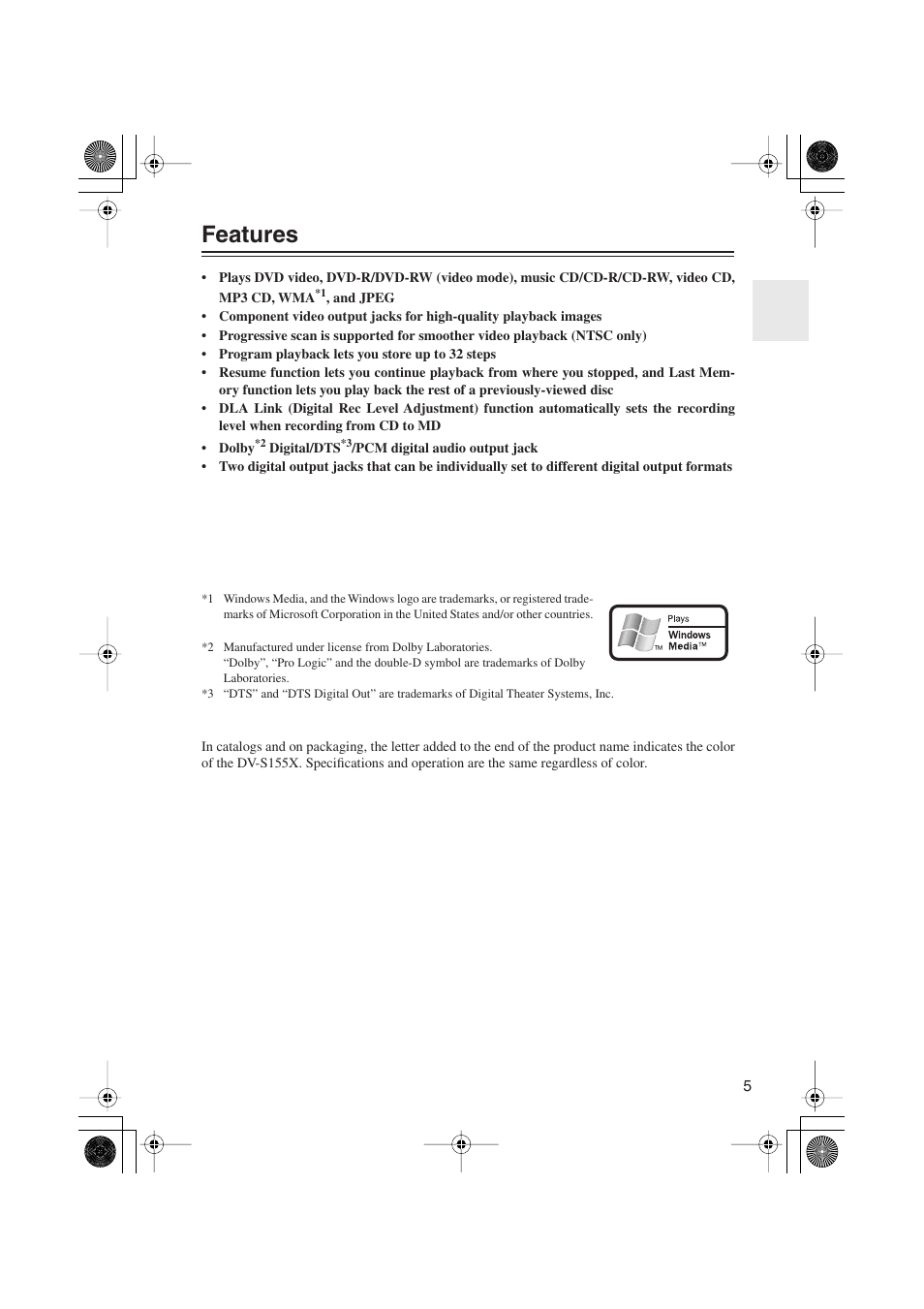 Features | Onkyo PR-155X User Manual | Page 5 / 84