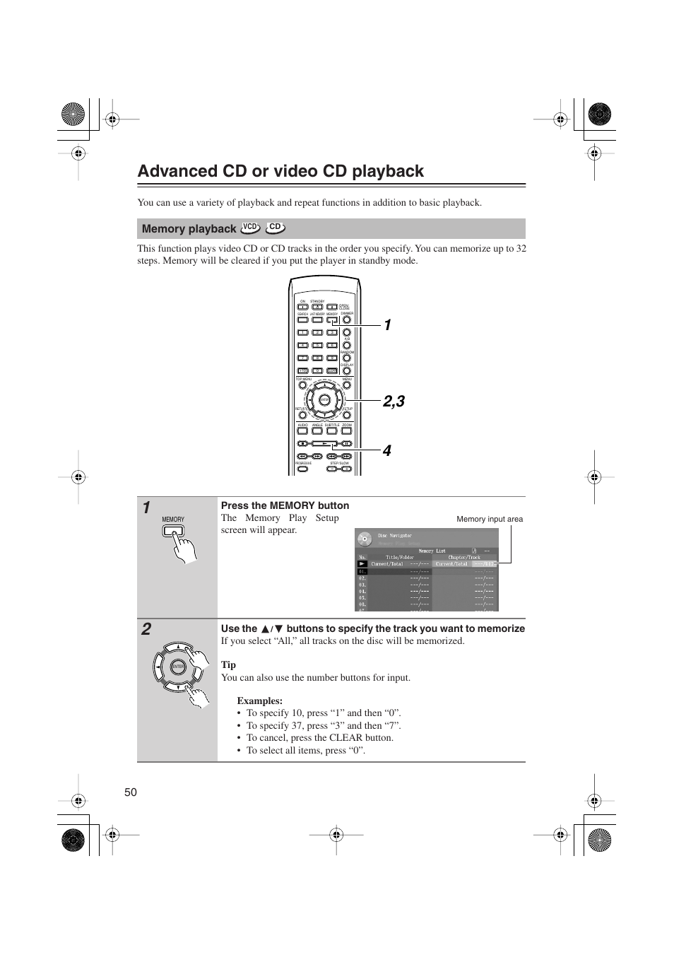 Advanced cd or video cd playback | Onkyo PR-155X User Manual | Page 50 / 84