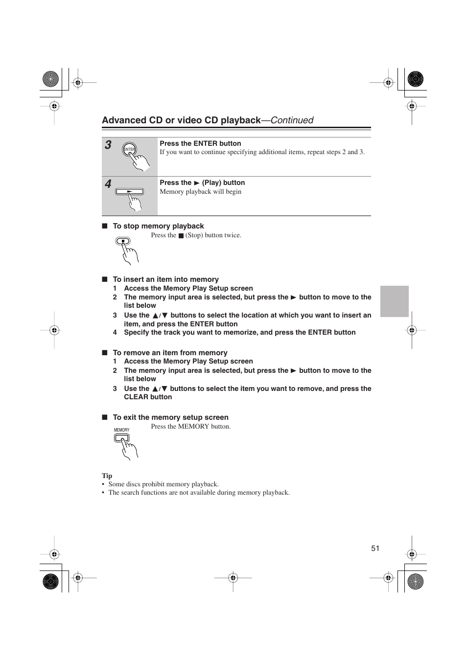 Advanced cd or video cd playback —continued | Onkyo PR-155X User Manual | Page 51 / 84