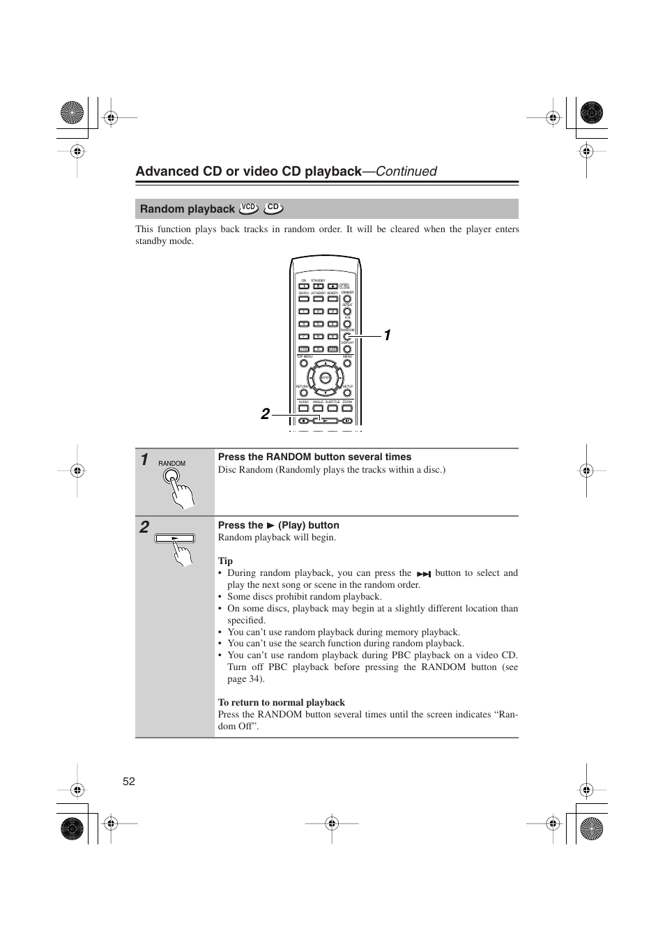 Advanced cd or video cd playback —continued, Random playback | Onkyo PR-155X User Manual | Page 52 / 84