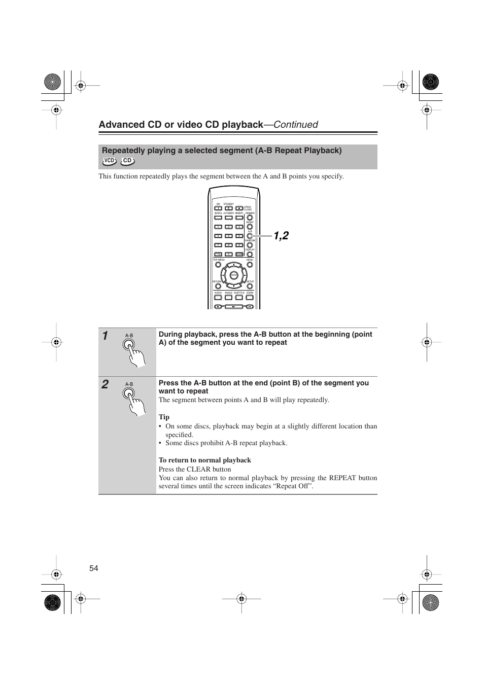Advanced cd or video cd playback —continued | Onkyo PR-155X User Manual | Page 54 / 84