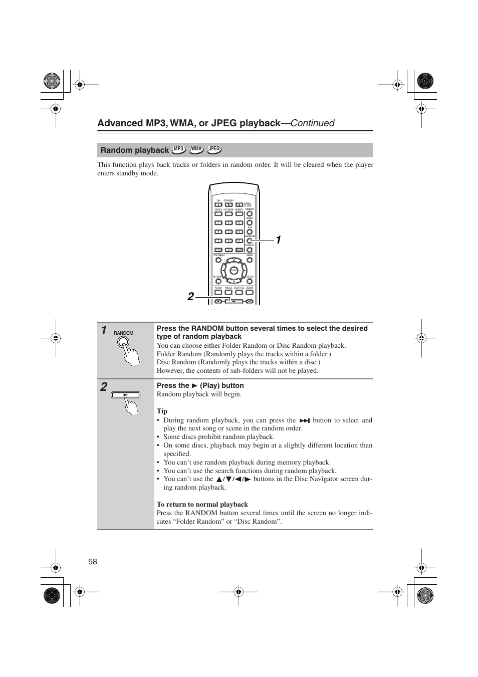 Advanced mp3, wma, or jpeg playback —continued, Random playback | Onkyo PR-155X User Manual | Page 58 / 84