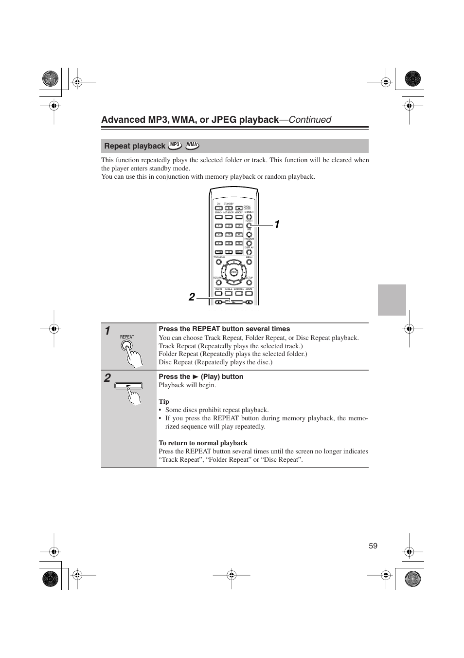 Advanced mp3, wma, or jpeg playback —continued, Repeat playback | Onkyo PR-155X User Manual | Page 59 / 84