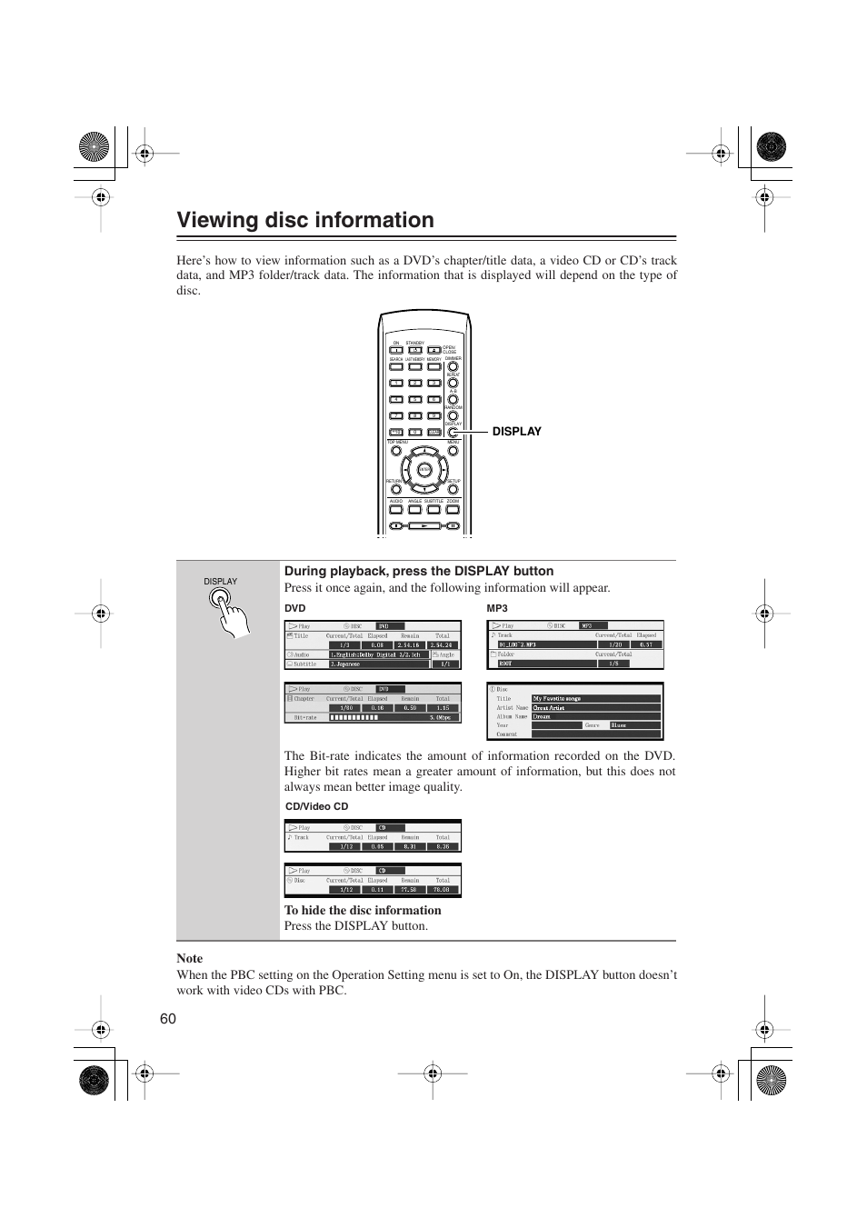 Viewing disc information | Onkyo PR-155X User Manual | Page 60 / 84