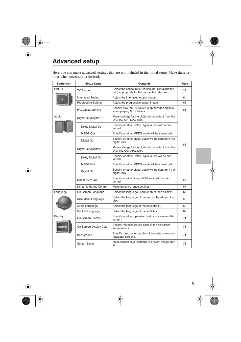 Advanced setup | Onkyo PR-155X User Manual | Page 61 / 84
